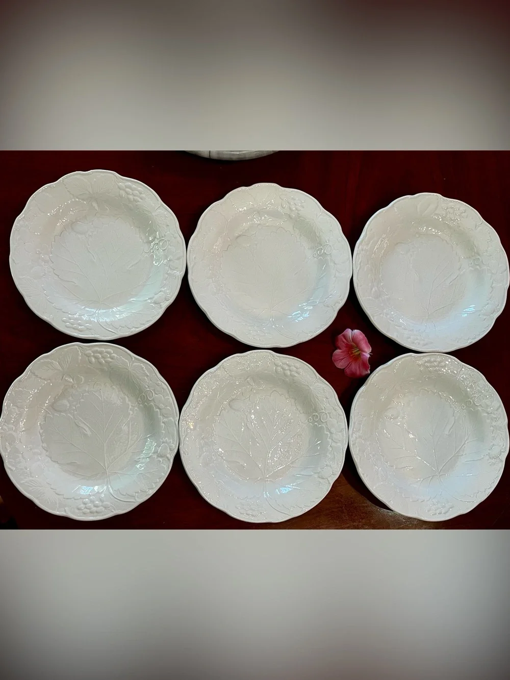 6-Set Vintage Burleigh Davenport White Ironstone Grape Leaf Dessert/Salad Plates